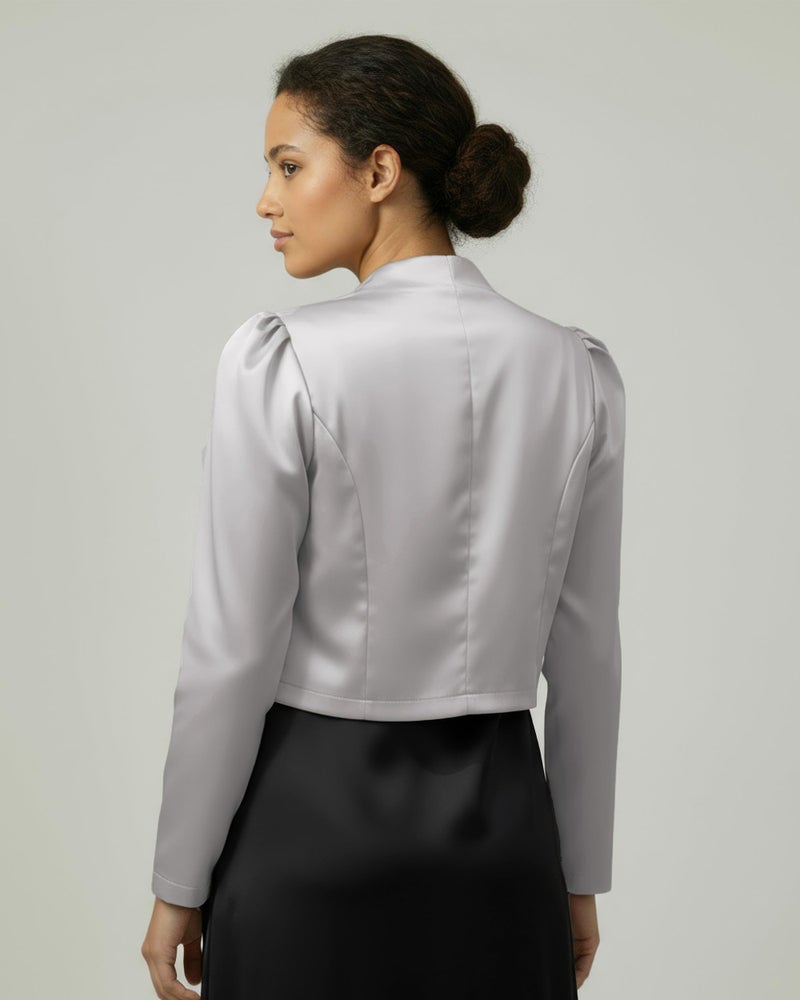 BOLEROSE Formal Long Sleeve Satin Bolero Shrug Occasion Jacket (Silver, US 10) - Image 4